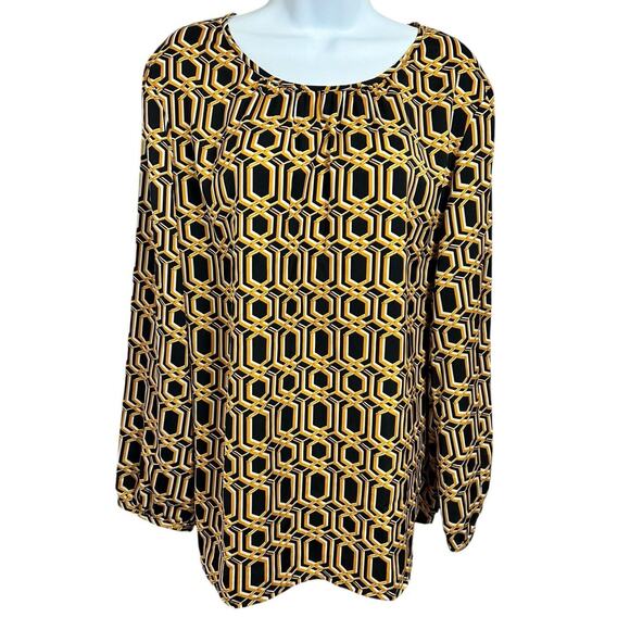 Croft & Barrow Blouse Sz XL Long-Sleeves Geometric Print Black Gold Top Loose - Picture 6 of 7